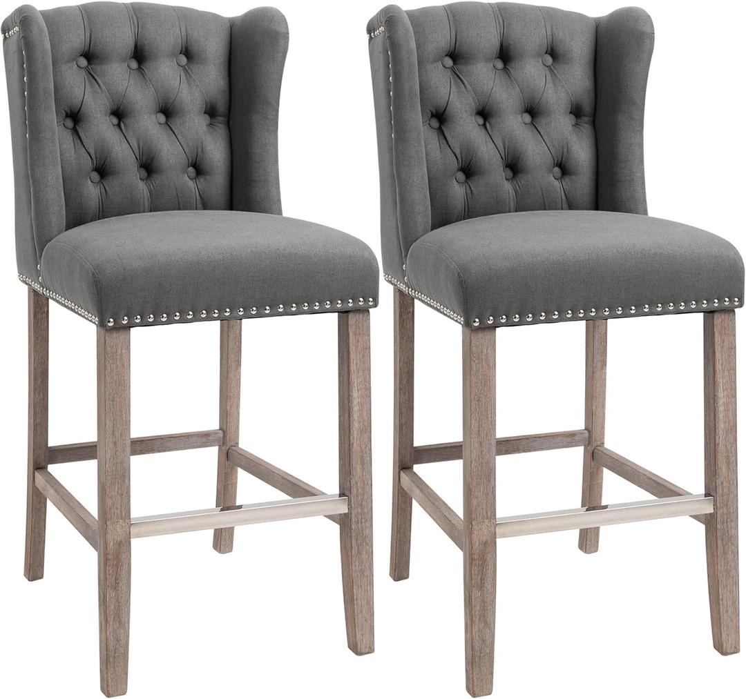 HOMCOM Counter Height Bar Stools Set of 2, Upholstered 26.75" Seat Height Barstools, Breakfast Chairs with Nailhead-Trim & Tufted Back, Wood Legs, Deep Grey (Dark Gray)