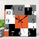 ArtSocket Wooden Wall Clock Silent Non-Ticking, Abstract Orange Black Grey Geometric Minimalist Checkered Square Rustic Wall Clocks Decor for Home Kitchen Living Room Office, Battery Operated (12 Inch)
