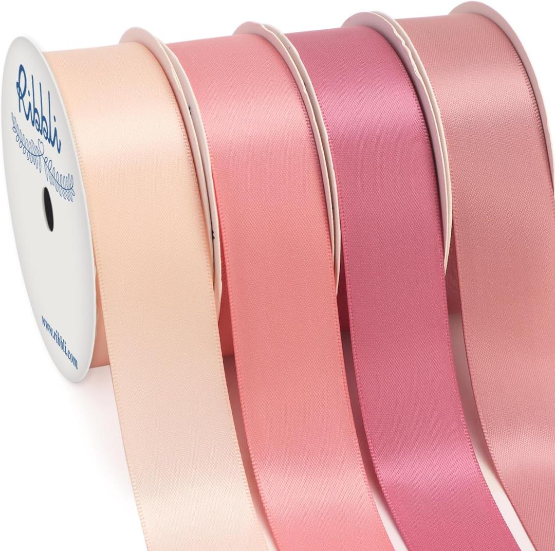 Ribbli Dusty Rose Satin Ribbon 1 Inch x 4 Rolls Total 40 Yards, Double Faced Ribbon for Flower Bouquets, Gift Wrapping, Wedding Decoration, Bow Crafts - Pink/Rose Gold/Rosy Mauve/Mauve