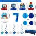 Video Game 7th Birthday Decorations for Boys, Blue Level 7 Party Decor Kits for Boy, 7 Years Old Game Supplies- Backdrop Honeycomb balls Hanging Swirls Centerpieces Balloons Tablecloth Cake topper