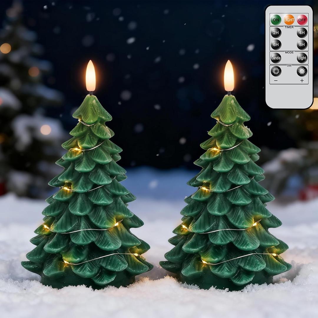 Lasumora Christmas Tree Shaped LED Candles with Remote Timer, 2 Pcs Flameless Pillar Candles with Embedded String Lights, Battery Operated Flickering Green Candles for Christmas Home Dcor