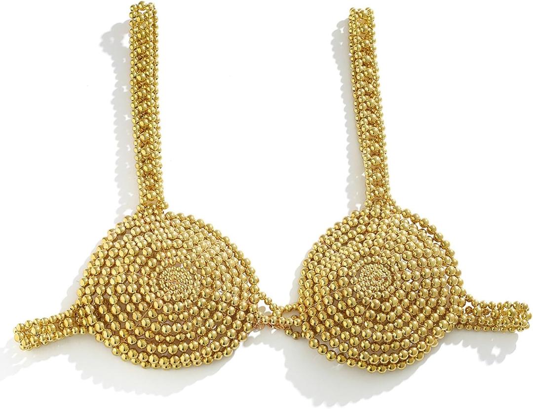 Stylish Pearl Chest Chain Beach Exquisite Women Pearl Embellished Bra Body Jewelry Beaded Tops Breast Up (Gold)