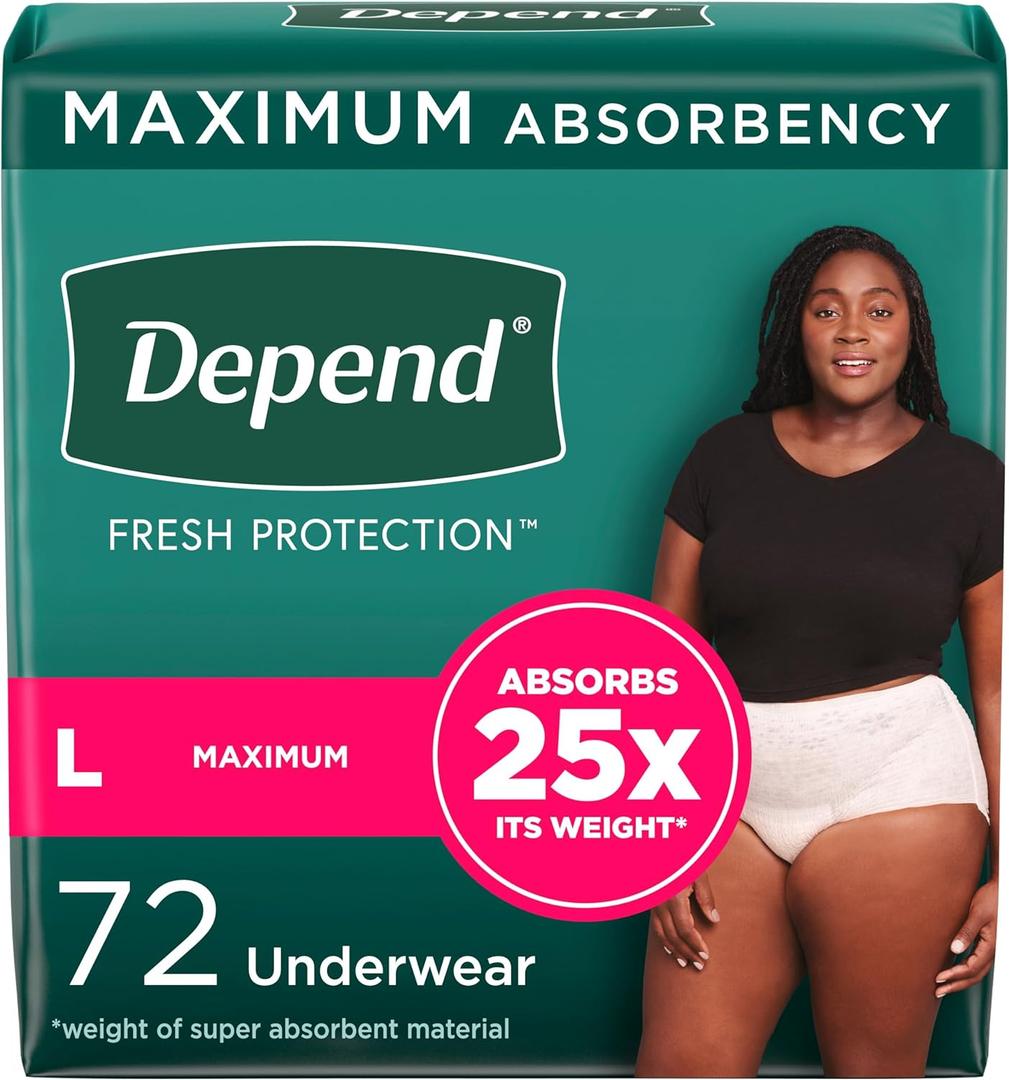 Depend Fresh Protection Adult Incontinence & Postpartum Bladder Leak Underwear for Women, Disposable, Maximum, Large, Blush, 72 Count (2 Packs of 36), Packaging May Vary