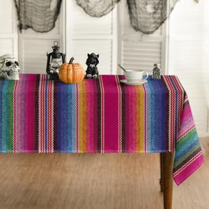 Horaldaily Mexico Tablecloth 60x84 Inch Rectangular, Halloween Cinco De Mayo Fiesta Pink Stripes Washable Seasonal Table Cover for Party Picnic Dinner Decor