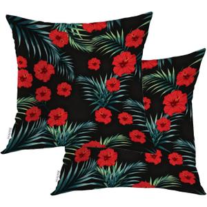 Black Flower Palm Leaves Throw Pillow Covers,Red Ethnic Style Cushion Cover Digital Blended Hidden Zipperl Decorative Pillowcases for Hair Skin Square 18X18 in 2 Pcs