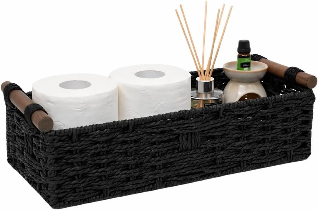 Back of Toilet Basket with Wood Handles, Black Wicker Toilet Paper Basket for Toilet Tank Top, Narrow Toilet Tank Basket, Bathroom Basket Organizer for Wipes & Essentials