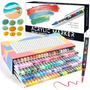Goldge 120 Colors Acrylic Paint Markers, Soft Brush Tip Pens with Direct Ink System for Rock, Wood, Fabric, Canvas, Glass, Waterproof Paint Pens for DIY Crafts