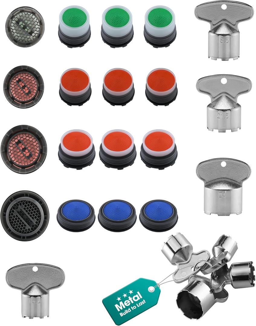 16 Pieces Faucet Aerator Set with Flow-Restrictor, 4 Pcs 304 Stainless Steel Aerator Key, Replacement Inserts and Wrench, 4 Sizes for Bathroom or Kitchen Sink (M24, M21.5, M18.5, M16.5)