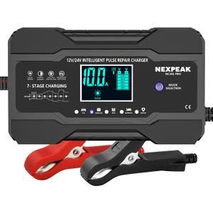 NEXPEAK 10-Amp Car Battery Charger, 12V and 24V Smart Fully Automatic Battery Trickle Charger Maintainer w/Temp Compensation for Truck Motorcycle Lawn Mower Boat Marine Lead Acid Batteries (10Amp)