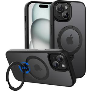 CACOE Magnetic Case for iPhone 15 6.1 inch with 360 Rotatable Ring Stand, Compatible with MagSafe Car Phone Mount, Cases Cover Phone Holder for Desk Meeting/Videos Matte Black