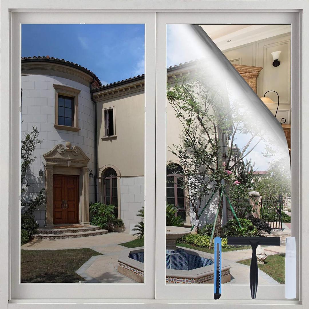 Volcanics One Way Window Privacy Film with Installation Tools, Sun Blocking Window Tinting Film for Home Heat Control Mirror Tint Film Static Cling 29.5 x 78.3 Inches, Silver