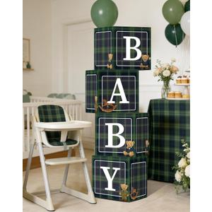 4PCS Green Plaid Teddy Bear Baby Shower Boxes, Vintage Preppy Teddy Bear Party Boxes for Birthday, Baby Shower, Gender Reveal Party Decoration