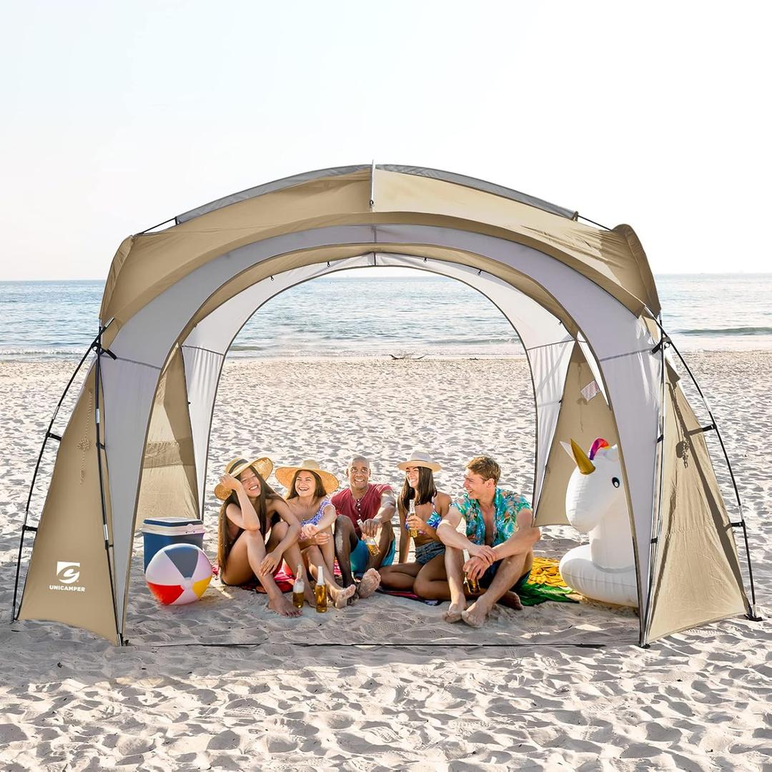Beach Tent 12 X 12ft Large UPF50+ Pop Up Canopy with 2-Pcs Side Wall, Sun Shelter Rainproof, Waterproof for Camping Trips, Backyard Fun, Fishing, Parties, Or Picnics, Khaki-Upgrade 
