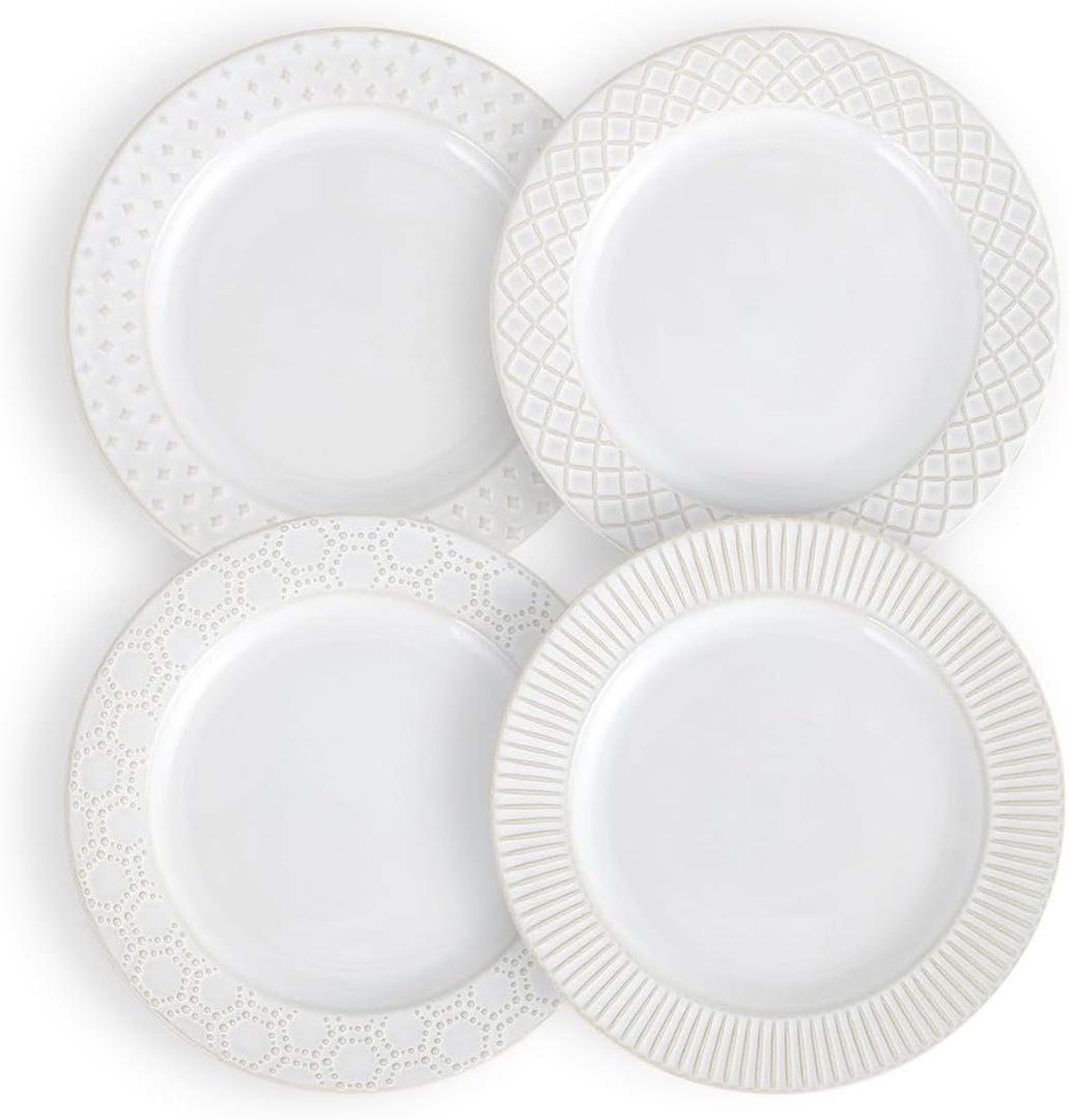10.4-Inch Embossed Ceramic Plates Set of 4 - Arctic White Dinner Plates for Kitchen Dining Microwave Dishwasher Safe Scratch Resistant Plate Sets Housewarming Wedding Gift
