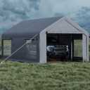 12x20 Ft Carport, Car Port with 200g PE Tarp, Roll-Up Doors, and 4 Windows, for Full-Size Pickups, Bass Boats, Tractors, and SUVs, Gray