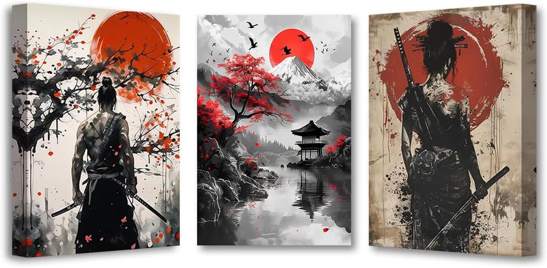 PBXBJY 3 Pieces Samurai Canvas Wall Art Japan Samurai and Full Moon Pictures Japanese Theme Painting Print Bushido Posters Decor Frame (24x36inchx3Pcs)