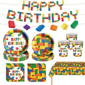 Building Block Birthday Party Supplies Colorful Building Block Party Decorations Includes Paper Plates Napkins Cups Banner Tablecloth for Boys Kid’s Birthday Party Decorations, Serve 24