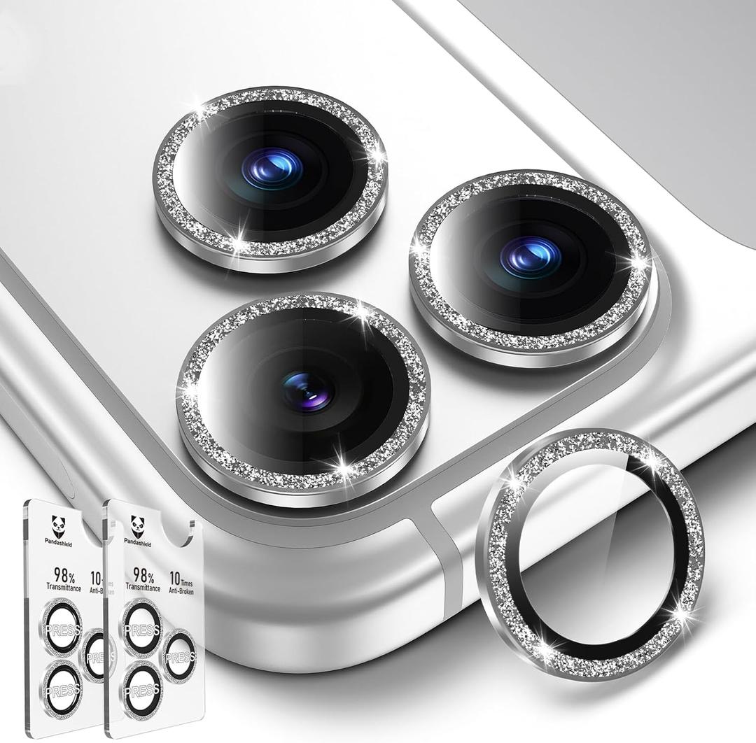 PandaShield 2-Pack Anti-Reflection Camera Lens Protector for iPhone 17/16/15 Pro & Pro Max, Easy Installation,9H Hardness, 98% Ultra Clarity, Maintains Original Lens Design - Glitter Silver