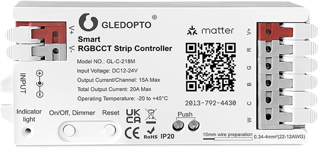 GLEDOPTO Matter RGBCCT LED Controller 20A Current Max for PWM Analog LED Strip Light APP Voice Control RGBW RGB Dimmable Work with Homekit Google Amazon Echo Alexa (Matter Hub Required)