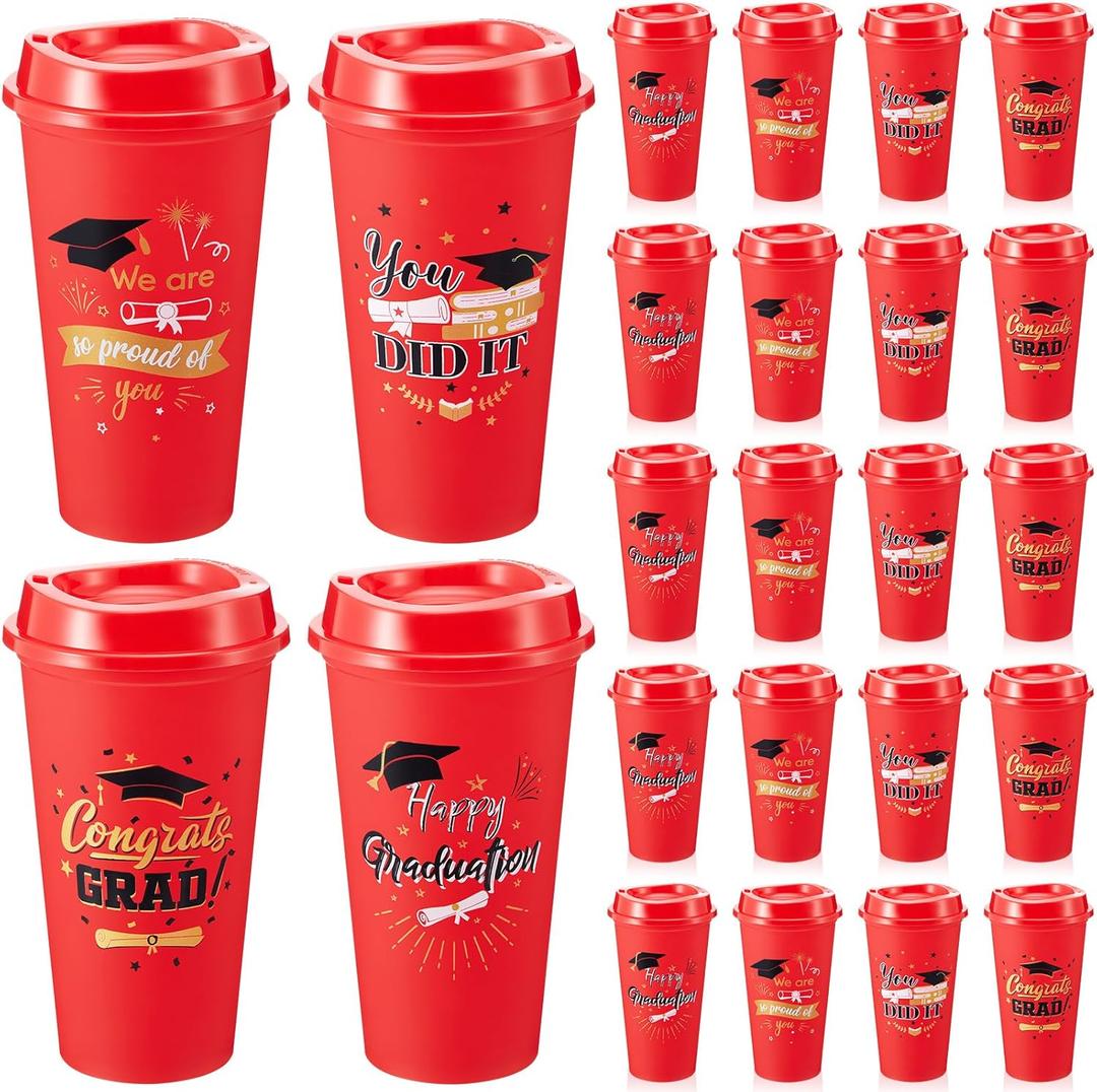 24 Pcs Graduation Tumblers Class of 2025 with Lids,16 oz Reusable Grad Plastic Cups Gifts in Bulk for Students Graduation Party Favors Decorations Supplies(Red)