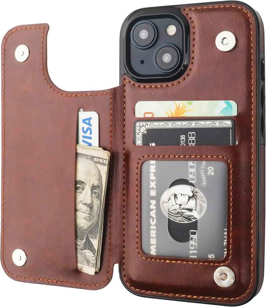 ONETOP Compatible with iPhone 15 Wallet Case with Card Holder, PU Leather Kickstand Card Slots Case, Double Magnetic Clasp and Durable Shockproof Cover 6.1 Inch (Brown)