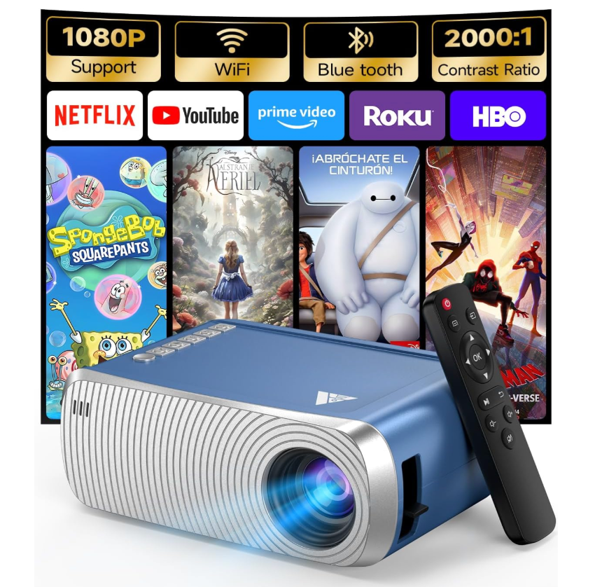 Mini Projector, Projector with WiFi and Bluetooth, 1080P Support Portable Projector, Builtin Speaker, Compatible with Smartphone/Tablet/TV Stick, Movie Projectors for Bedroom, Home Theater, Kids Gift