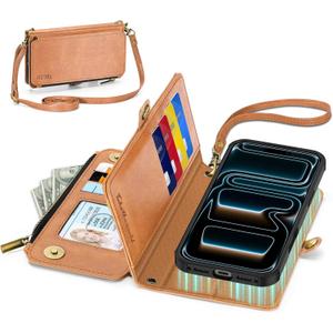 TUCCH Removable Crossbody Case Wallet for iPhone 17 Pro Max 6.9" 2025, Wireless Charging, RFID Blocking 10 Card Slots, Lanyard Wrist Strap, Zipper Pocket, PU Leather, Stand Magnetic Cover, Light Brown