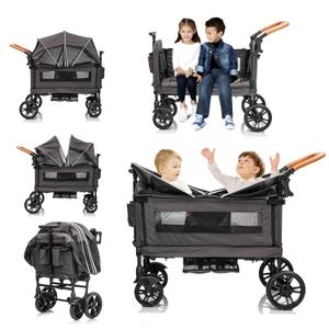 Wagon Stroller for 2 Kids & Cargo-Push-Pull Double Baby Wagon Lightweight Travel Folding Stroller for Newborn&Toddler with 5-Point Harness,Adjustable Handle Bar and Canopy,Tray Table,Cup Holder (Grey)