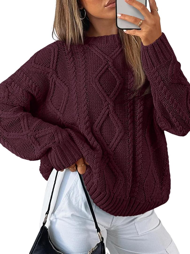 Trendy Queen Women's Oversized Cable Knit Crewneck Sweaters(WineRed,Small)