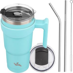20 oz Tumbler with Handle and 2 Straw 2 Lid, Insulated Water Bottle Stainless Steel Vacuum Cup Reusable Travel Mug,Turquoise