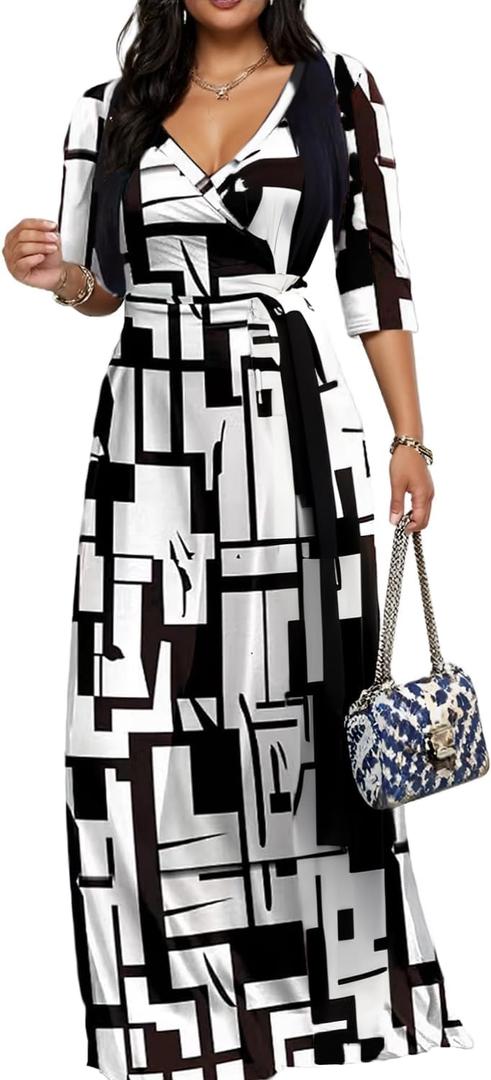 CaniBtr Maxi Dresses for Women Plus Size Casual 3/4 Sleeve Wrap V Neck Semi Formal Elegant Long Church Dress with Belt (Small)