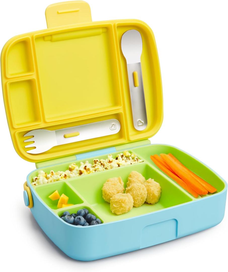 Munchkin Lunch Bento Box for Kids and Toddlers, Includes Stainless Steel Utensils, BPA-Free, 18 Months and Up, Blue/Green/Yellow