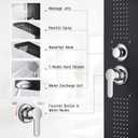 Shower Panel Tower System with Handheld Sprayer, Body Jets and Shelf | Rainfall and waterfall shower tower with tub spout, 5-setting handheld sprayer, body jets, shelf, and independent controls