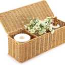 Sumnacon Wicker Storage Basket with Lid, Rectangular Narrow Baskets for Bathroom, Farmhouse Imitation Rattan Bin with Dividers, Decorative Handwoven Tray Organizer for Countertop Shelves Toilet Tank (Large, Yellow)