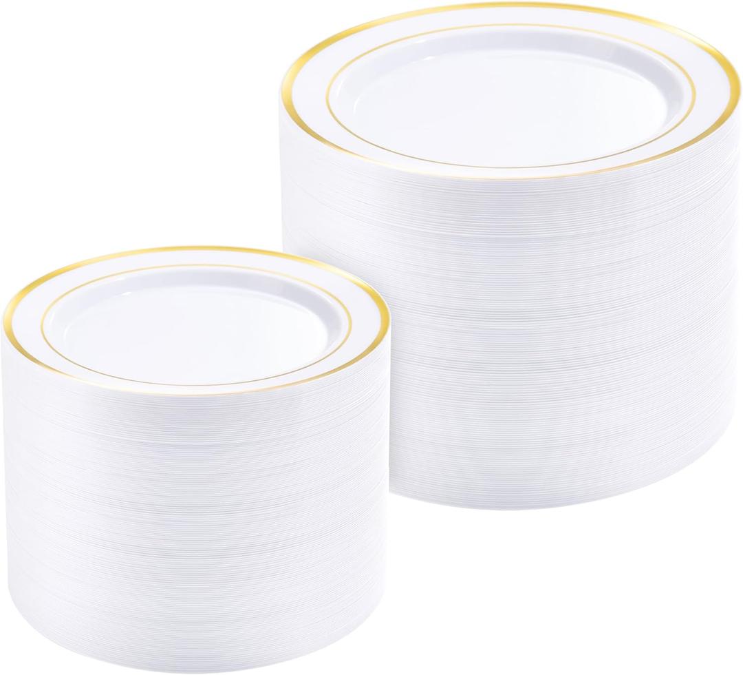 BESTVIP 300PCS Gold Plastic Plates, White with Gold Rim Disposable Plates - 150 Dinner Plates and 150 Dessert Plates, Heavy Duty Fancy Party Plates for Wedding, Catering, Large Events