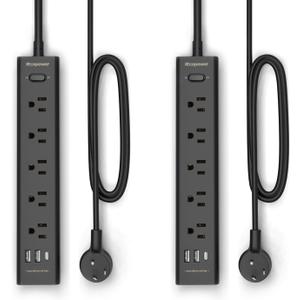 2 Pack Power Strip Surge Protector-5 Widely Spaced Outlets 3 USB Ports(1 USB C Port),1250W/10A with 5Ft Extension Cord, Power Strips with Surge Protection, Wall Mount for Home Office, Black