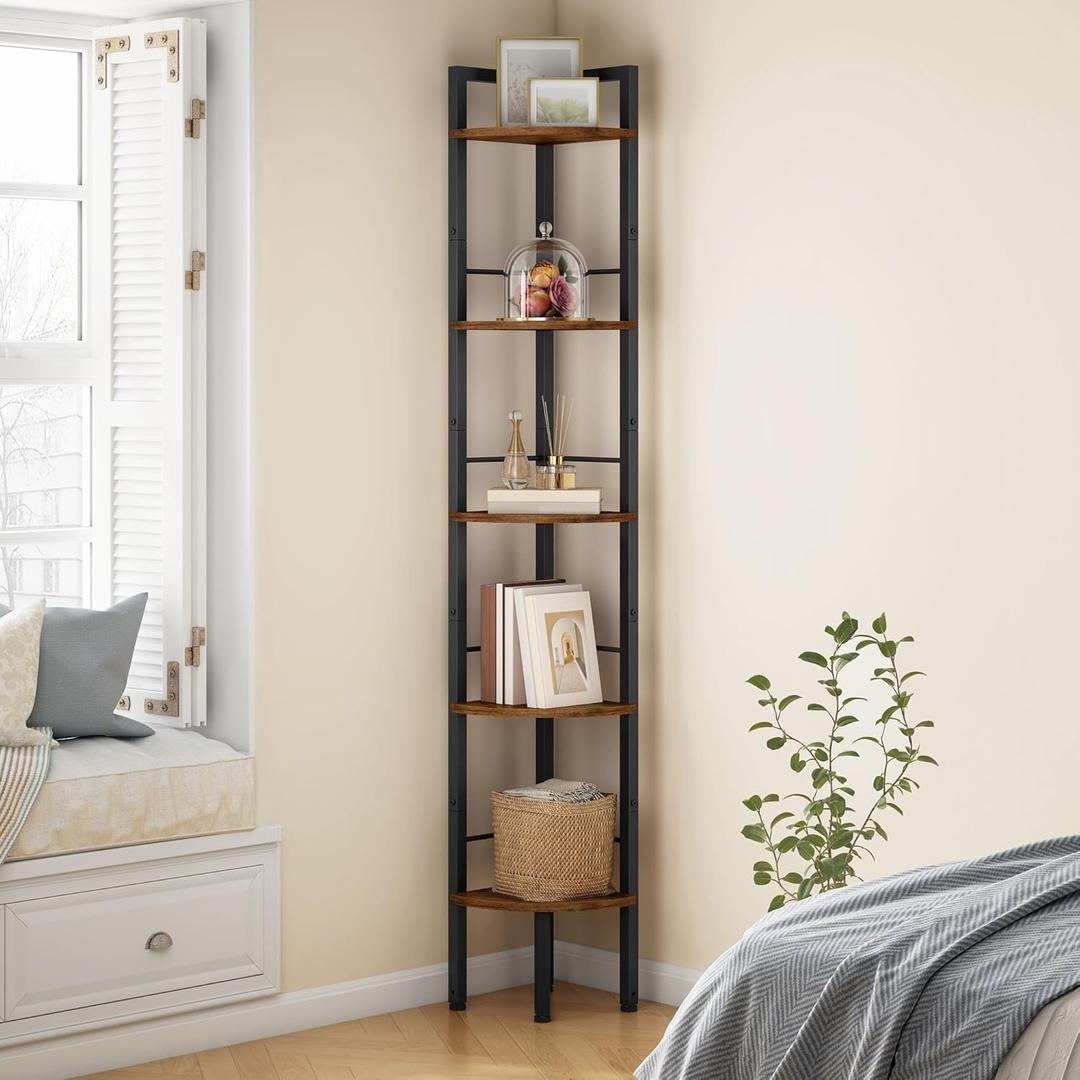 Tajsoon Narrow Corner Shelf Stand 5 Tier 66.5" Industrial Corner Ladder Shelves with Metal Frame, Multipurpose Tall Corner Bookshelf Bedroom, Living Room, Office, Kitchen, Rustic Brown