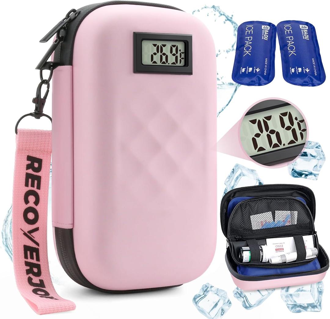 RecoverJoy TSA Approved Insulin Cooler Travel Case Diabetic Medication Bag with Thermometer Temperature Display Medication Diabetic Cooler Travel Medicine Organizer Bag for Women & 2 Ice Pack-Pink