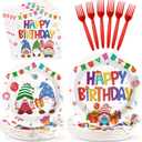 96Pcs Gnome Birthday Party Supplies Colorful Rainbow Gnomes Plates and Napkins Gnome Themed Tableware Set for Boys Girls Birthday Christmas Party SuppliesServes 24