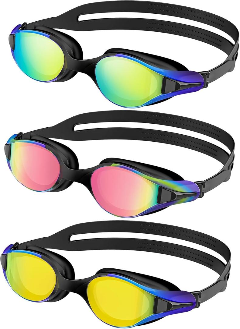 Swim-Goggles Men Goggles-Swimming-Adult Women: 3 Pack Unisex Anti-Fog Youth Swim Glasses Training UV400 Protection (Black Aqua & Black Pink & Black Orange)
