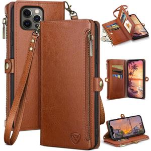 XcaseBar for iPhone 13 Pro Max 6.7" Wallet case with Zipper Credit Card Holder【RFID Blocking】, Flip Folio Book PU Leather Phone case Shockproof Cover Women Men for Apple 13 Pro Max case Light Brown