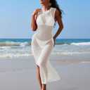 HUUSA Women's Crochet Swimsuit Cover Up Sleeveless Hollow Out Bathing Suit Coverup Sexy Backless Split Long Beach Dress (White, M)