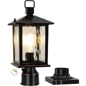 Dusk to Dawn Outdoor Post Light, Hardwired Oil-Rubbed Bronze Pole Lantern with Pier Mount Base, Water Ripple Glass, Waterproof Lamp Post Light Fixture for Driveway, Pathway, Garden, 1 Pack