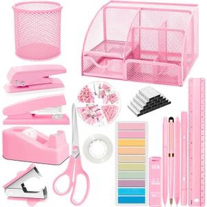 Pink Desk Accessories, 24Pcs Pink Office Supplies and Desk Organizers, with Tape Dispenser, Stapler, Staple Remover, Ect, Gift Box Packaging
