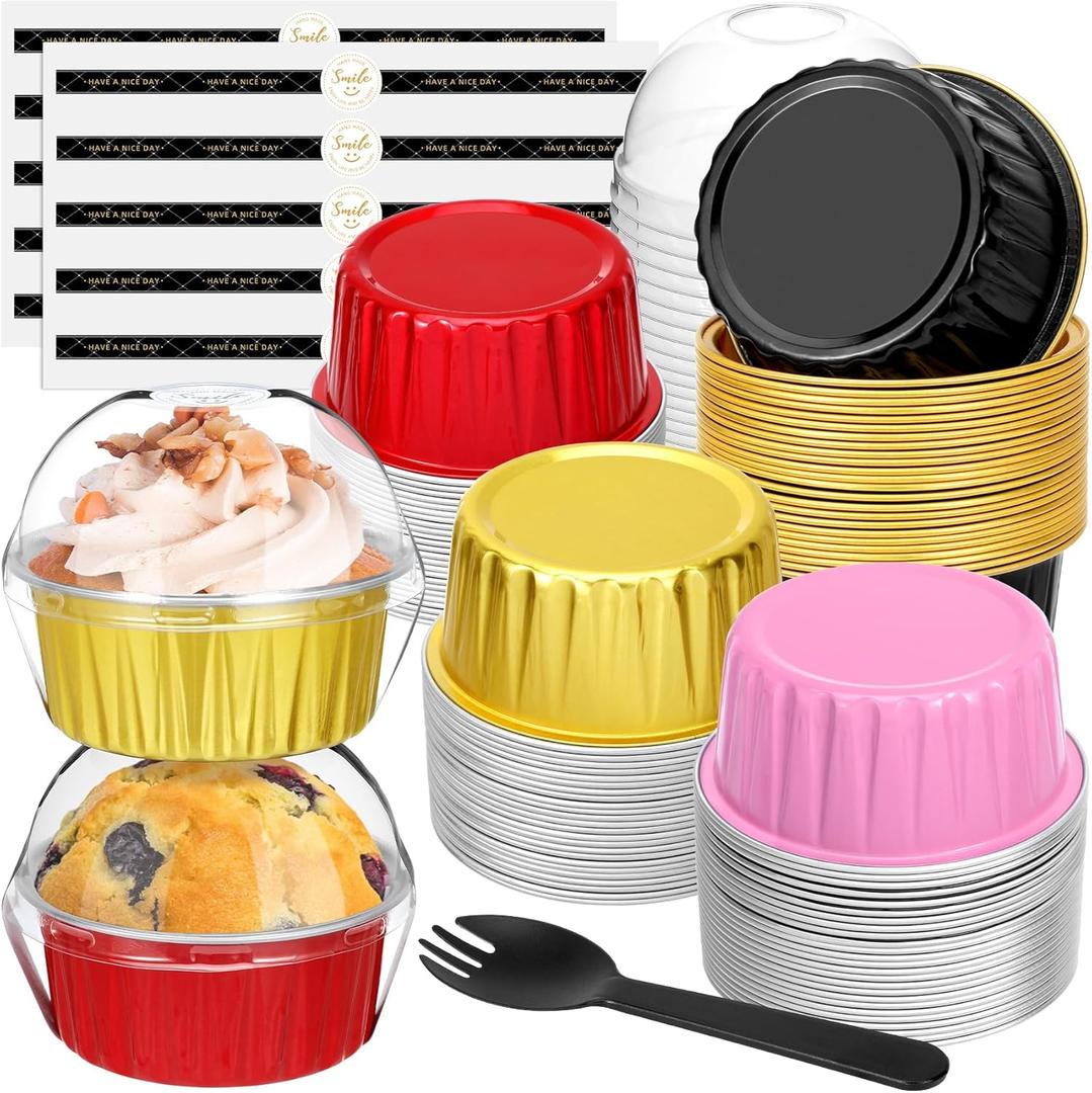 Mini Cake Pans with Lids and Spoons (100 Pack,Mixed color,5oz) Round Disposable Ramekins - Sturdy Aluminum Foil Cupcake Liners with Lids for Dessert and Party