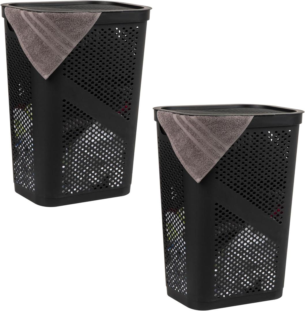 Mind Reader 60L Slim Laundry Hamper, Clothes Basket, Lid, Ventilated, Plastic, Set of 2, Black, 2-Pack