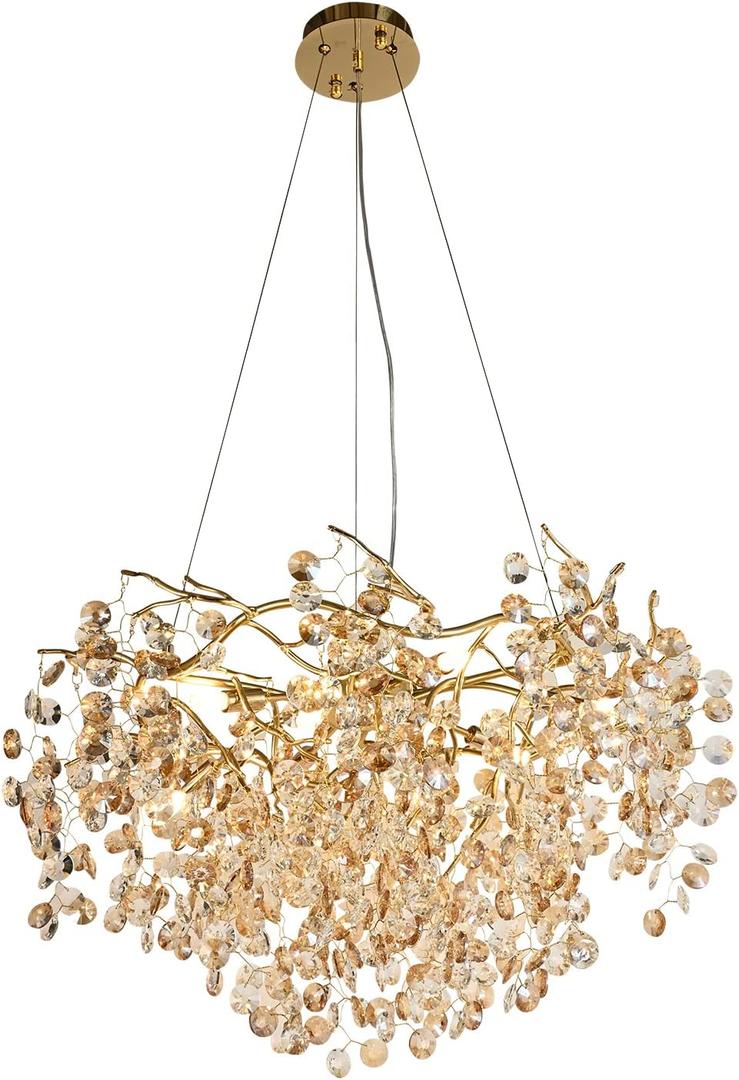 Crystal Gold Chandelier Modern Round Ceiling Pendant Light Fixture Tree Branch Chandeliers for Living Room Dining Room Kitchen Bedroom Hotel