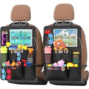 Backseat Car Organizer with Touch Screen, Kick Mats Back Seat Protector with 10 Storage Pockets, Car Seat Back Organizers Storage for Snacks Drinks Toy Umbrellas for Kids Road Trip
