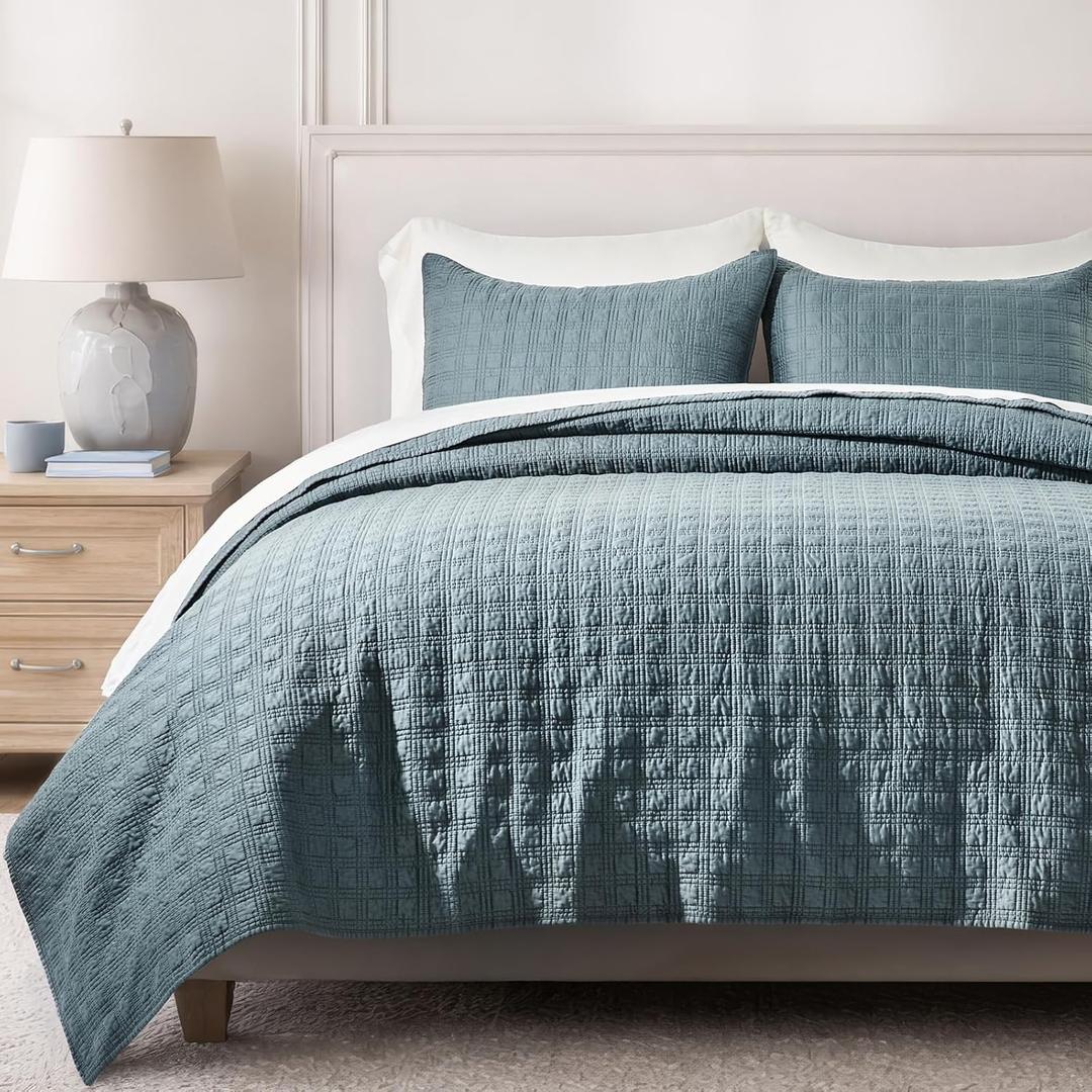 EVERGRACEHOME Windowpane Cotton Sateen Quilt Set Queen Size, Pre-Washed 100% Cotton Coverlet Bedspread, 3-Piece Soft Lightweight Bedding Set with 2 Shams for All Seasons, Sonoma Blue (Full/Queen (96" X 92"))