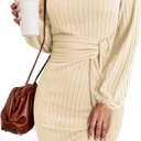 HOTOUCH Women's Knit Dress Long Lantern Sleeve Bodycon Dress Crewneck Tie Waist Rib Knitted Sweater Dresses (Yellow, Small)